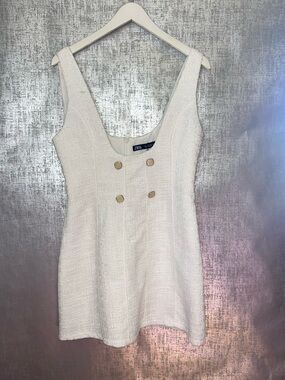Zara Textured Jewel Button Pinafore Dress White__Size: Small